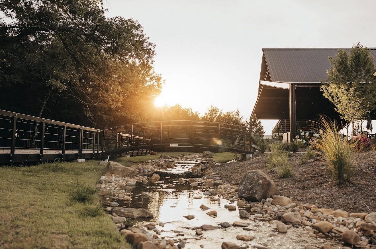 Landscaped water feature at golden hour